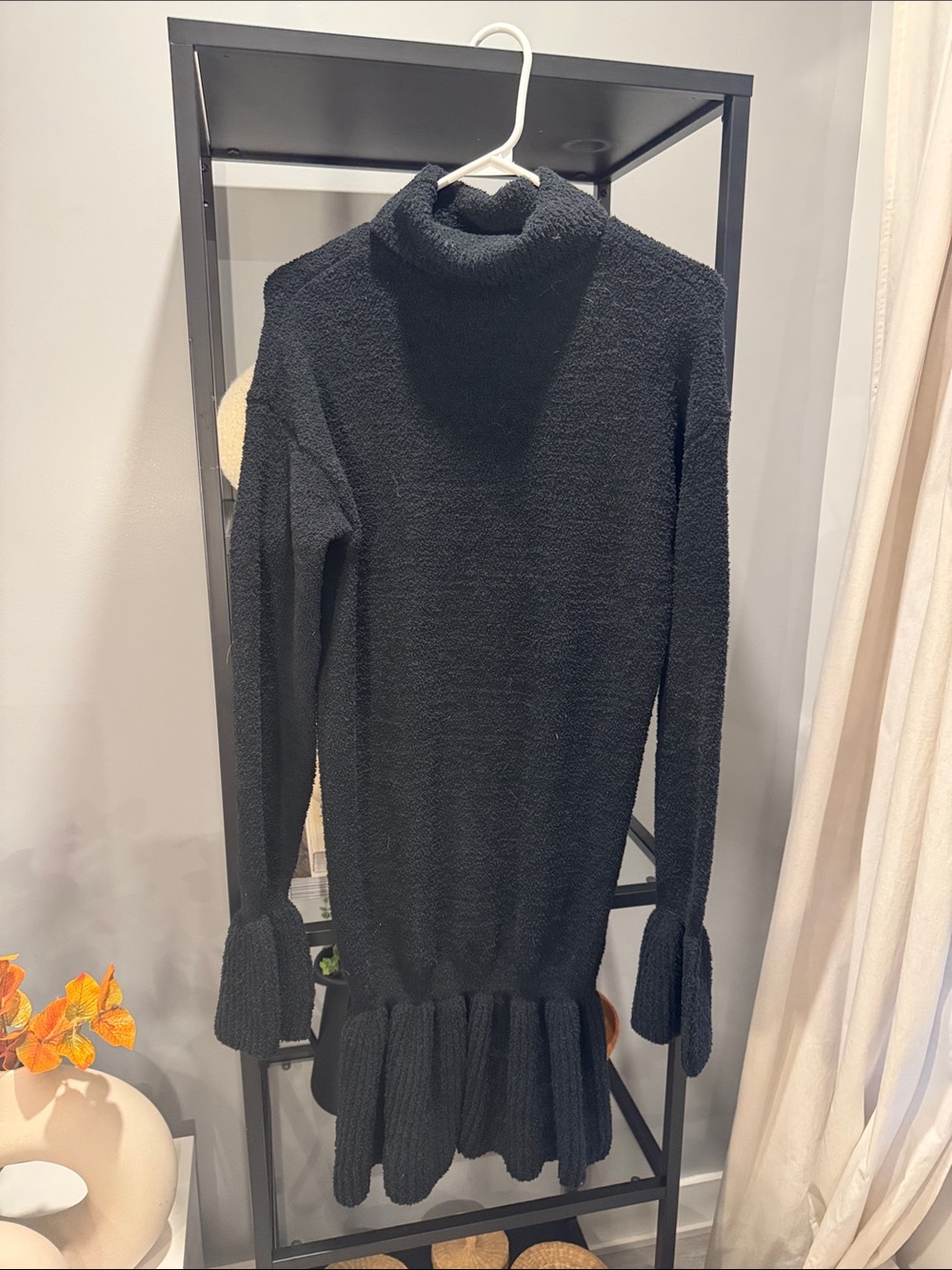 268. Black Turtleneck Knit Ruffle-Hem Dress - Women